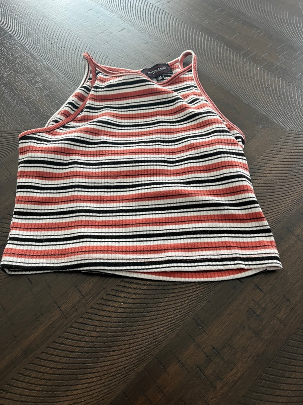 Ribbed Striped Halter Tank Top - Coral/Black/White